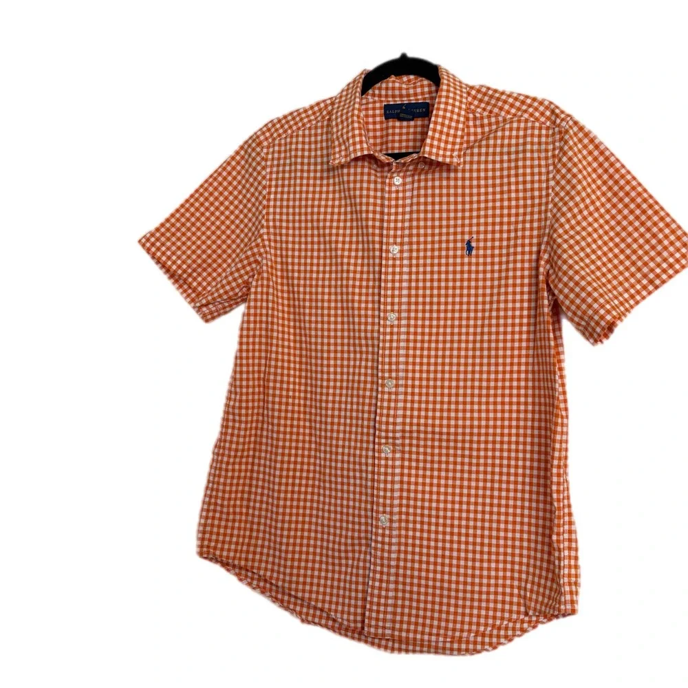 Ralph Lauren Button Down Kids XL 18-20 Orange Gingham Short Sleeve Pony